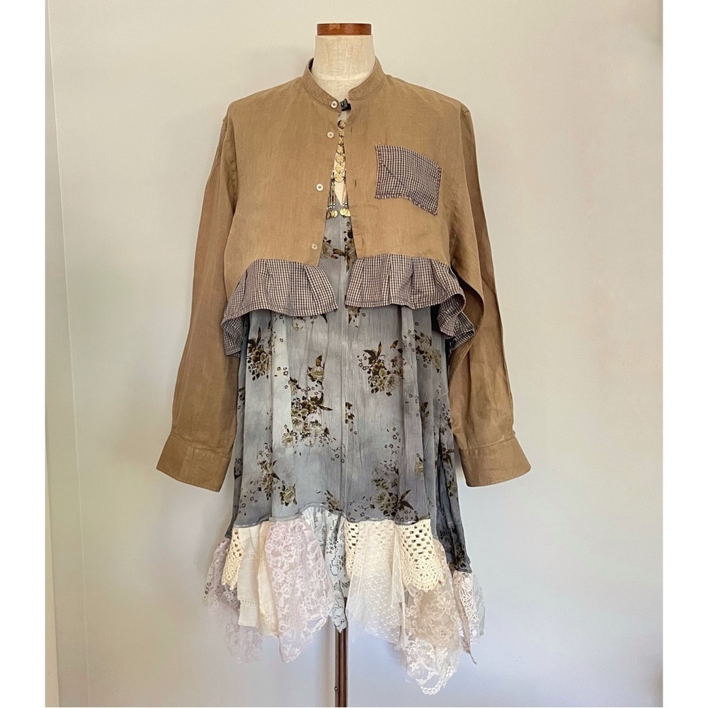 Mango reworked brown linen cropped shirt size medium wearable art lagenlook